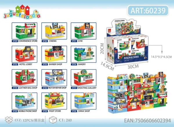 Bloques para armar mini tiendas (escena urbana), caja de exhibición