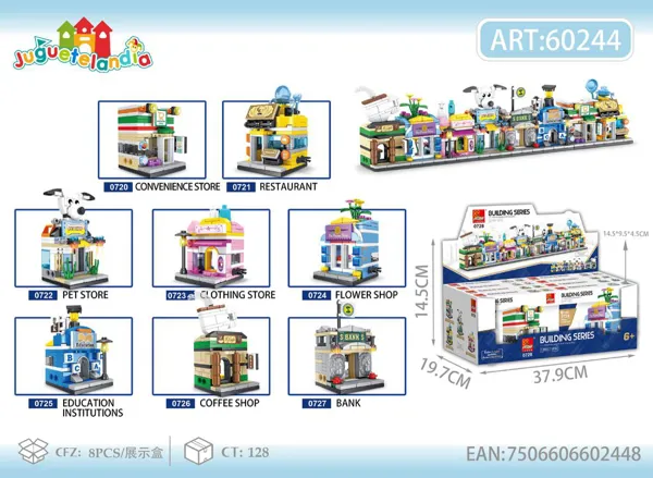 Bloques para armar mini tiendas (escena urbana), caja de exhibición
