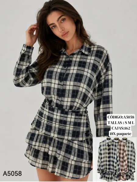 Vestido camisero a cuadros con volantes