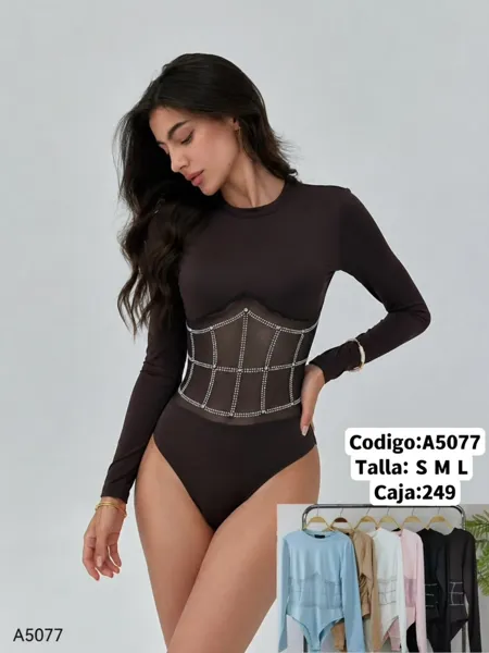 Body de manga larga con transparencia y pedrería