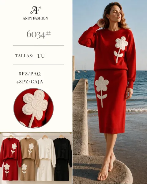 Conjunto de suéter y falda con diseño de flor