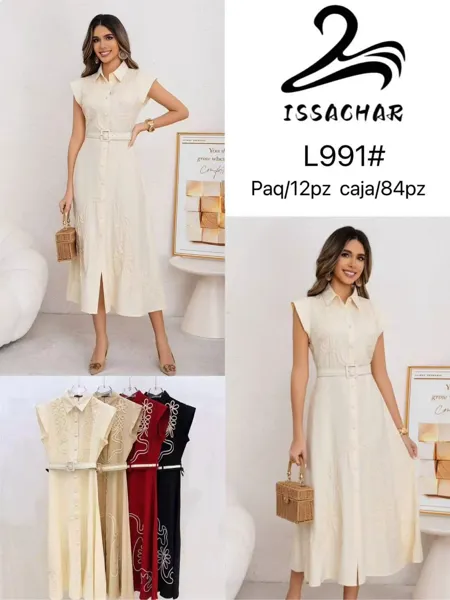 Vestido camisero con bordados y cinturón