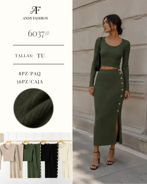 Conjunto de top y falda acanalado con botones