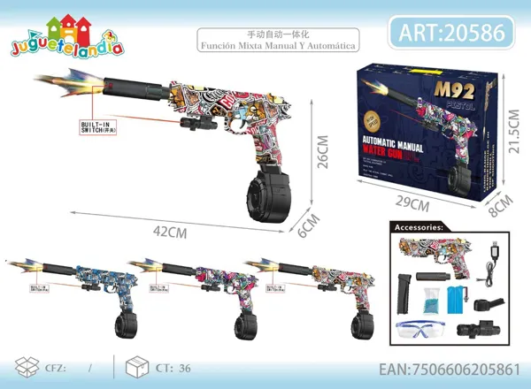 Pistola de agua eléctrica M92 38cm con luz de fogonazo y retroceso (automático y manual)