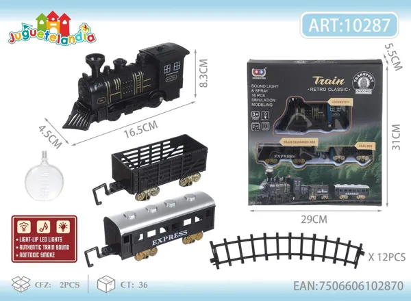 Tren eléctrico sobre rieles con luces, música y humo