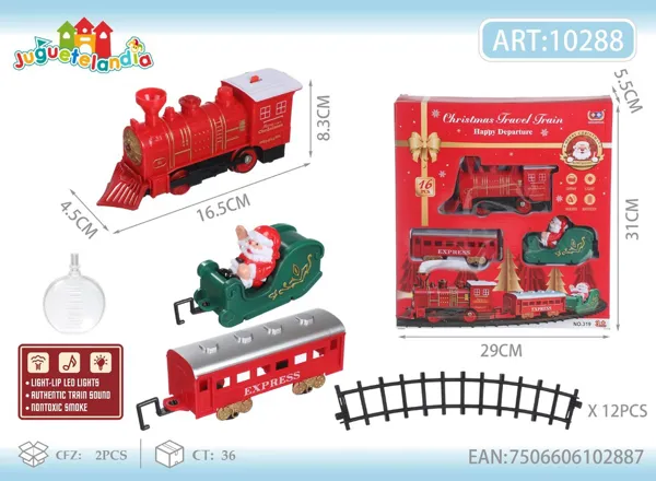 Tren navideño eléctrico con vías, luz, sonido y humo