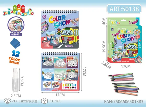 Libro de colorear borrable de vehículos con 12 plumones (Color Show)