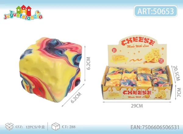 Juguete antiestrés para apretar queso en cubo con textura de colores (squishy)