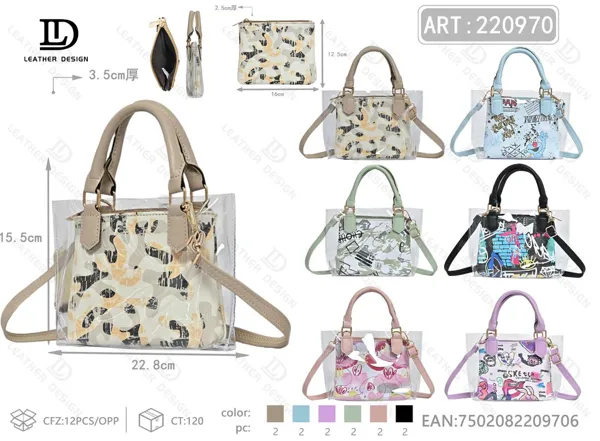 Bolso transparente de mano con estampado y bolsa interior (2 piezas)