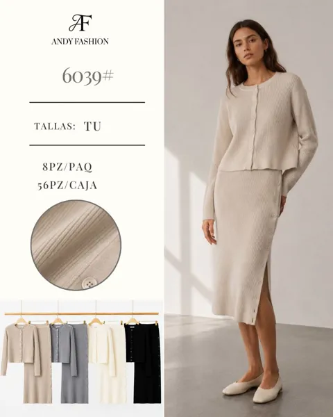 Conjunto de cárdigan y falda acanalada