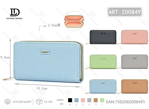 Cartera larga para dama con un cierre, textura tejida, tamaño grande