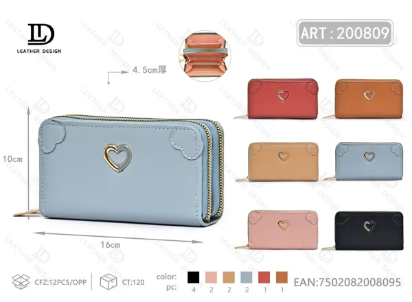 Cartera para dama con dos cierres y corazón metálico, tamaño mediano