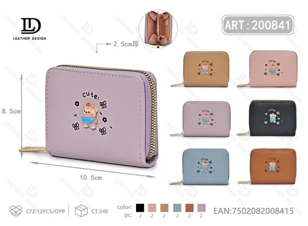 Cartera para dama con un cierre, tamaño chico, estampado de osito
