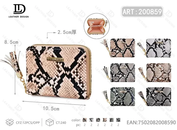 Cartera para dama con un cierre, grabado de serpiente y borla, tamaño chico