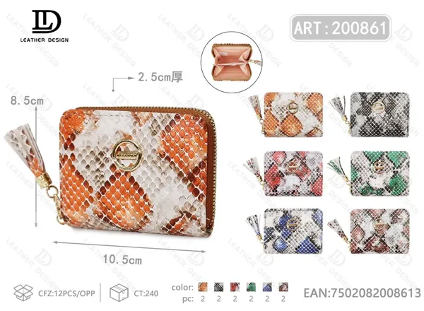 Cartera para dama con un cierre, grabado de serpiente multicolor y borla, tamaño chico