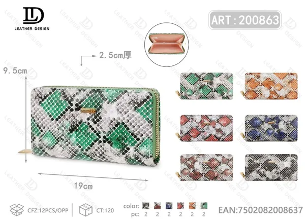 Cartera larga para dama con un cierre, grabado de serpiente multicolor, tamaño grande
