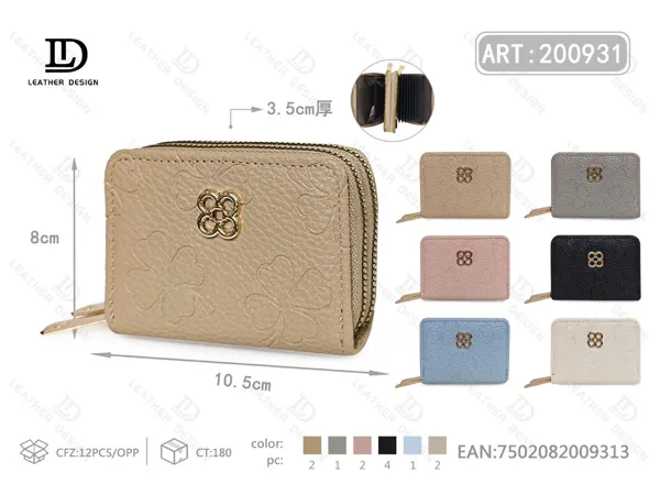 Cartera compacta multifunción para dama con un cierre y tarjetero tipo acordeón, grabado de trébol