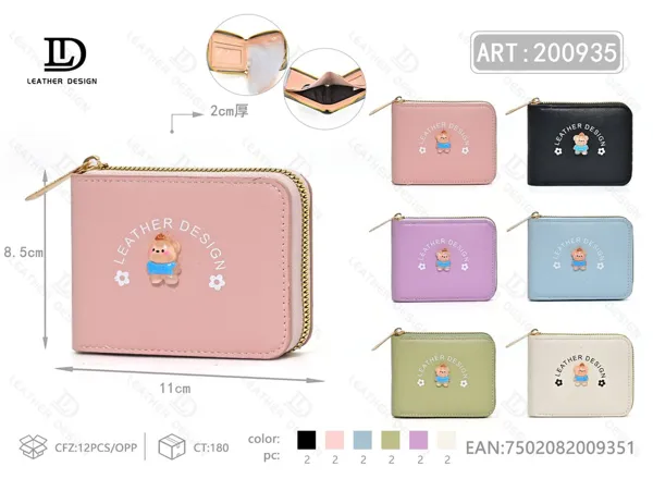 Cartera multifunción para dama con cierre alrededor, estampado de osito