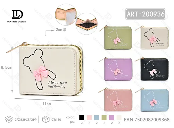 Cartera multifunción para dama con cierre alrededor, estampado de osito y moño