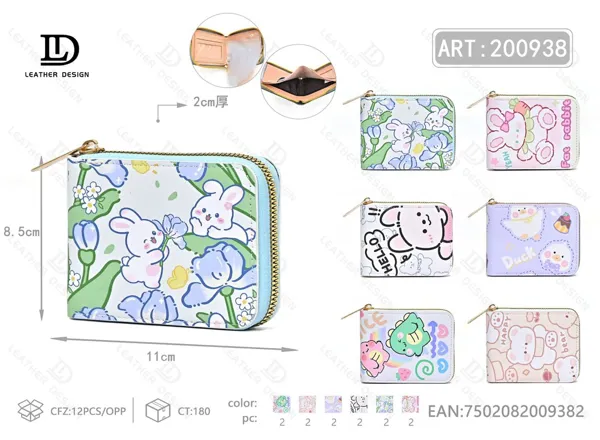 Cartera multifunción para dama con cierre alrededor, estampado de conejitos