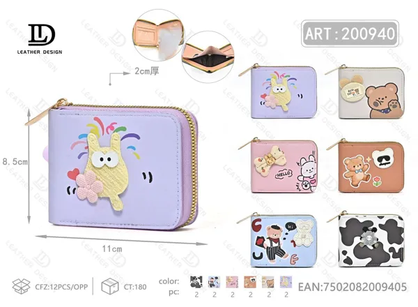 Cartera multifunción para dama con cierre alrededor, estampado de caricatura