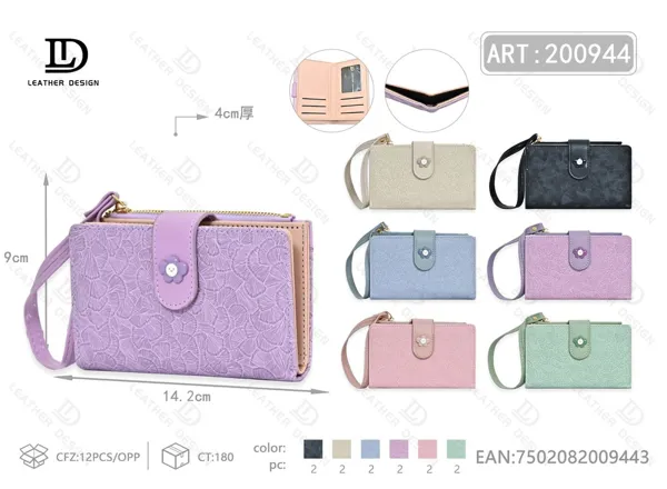 Billetera plegable para dama con tarjetero y correa de mano, grabado floral