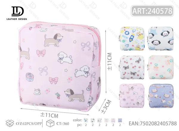 Bolsa organizadora para toallas femeninas con estampado de perritos y moños, tamaño chico