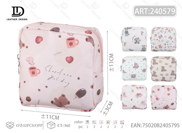 Bolsa organizadora para toallas femeninas con estampado de ositos y chocolates, tamaño chico