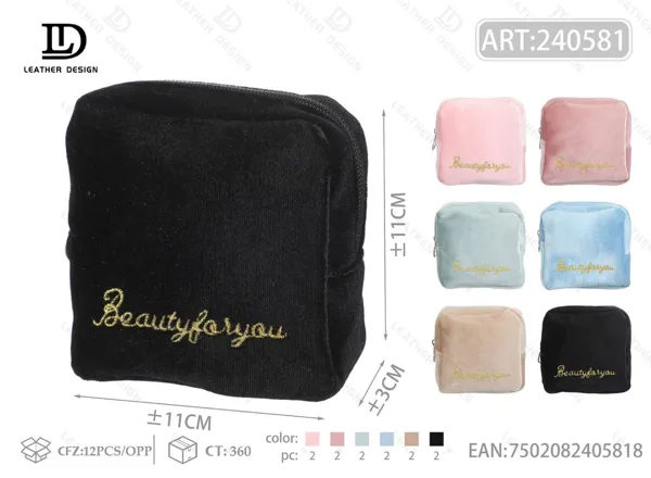 Bolsa organizadora para toallas femeninas de terciopelo con bordado dorado, color negro