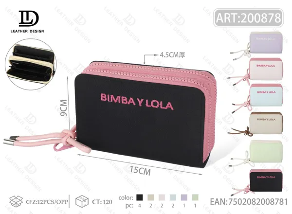 Cartera para dama con dos cierres y letras bordadas, tamaño mediano