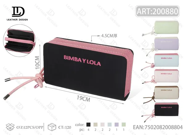 Cartera para dama con dos cierres y letras bordadas, tamaño grande