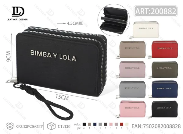 Cartera para dama con dos cierres y placa metálica, tamaño mediano