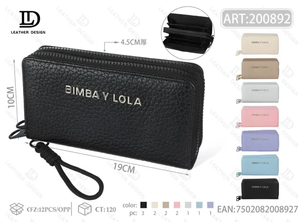 Cartera para dama de piel grabada con dos cierres, tamaño grande