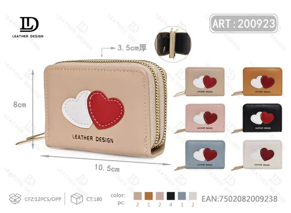 Billetera para dama con dos cierres y tarjetero, aplique de corazones, tamaño chico