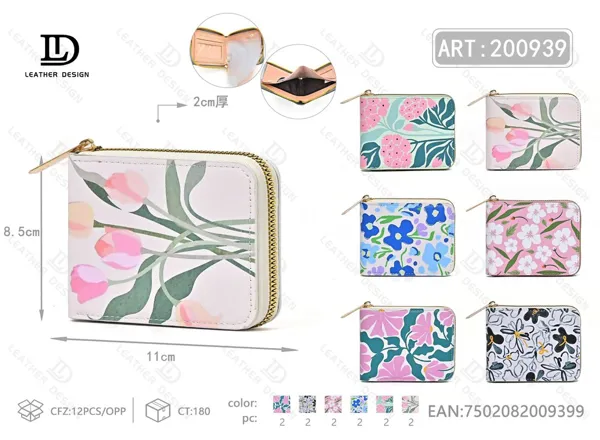 Billetera para dama con cierre alrededor, estampado floral, tamaño chico