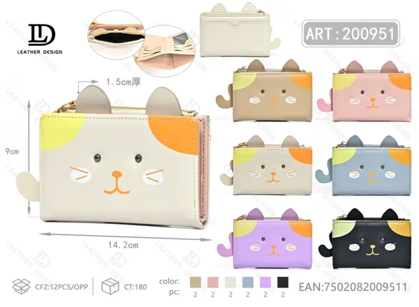 Billetera plegable para dama con tarjetero, diseño de gato y correa de mano