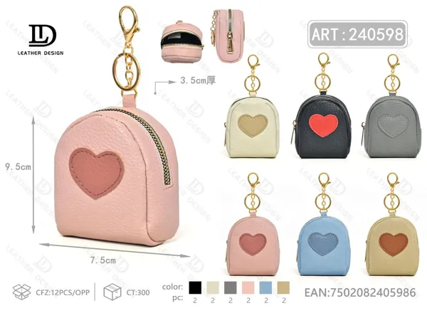 Monedero para dama en forma de mochila con llavero y aplique de corazón, tamaño chico