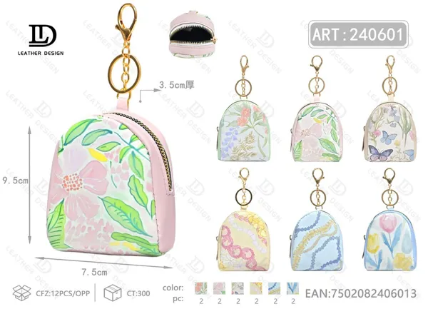 Monedero para dama en forma de mochila con llavero, estampado floral, tamaño chico