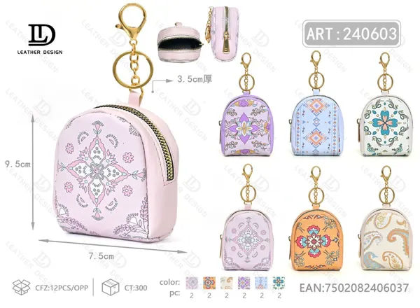 Monedero para dama en forma de mochila con llavero, estampado de mandala, tamaño chico