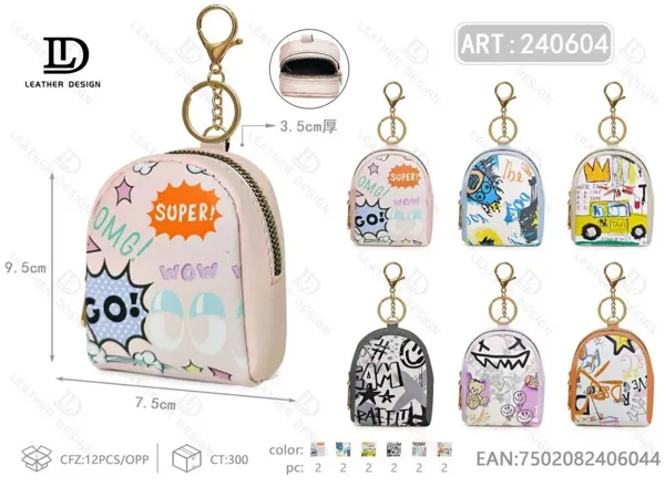 Monedero para dama en forma de mochila con llavero, estampado de grafiti, tamaño chico