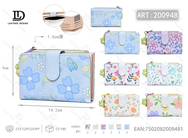 Billetera plegable para dama con tarjetero, estampado floral y broche
