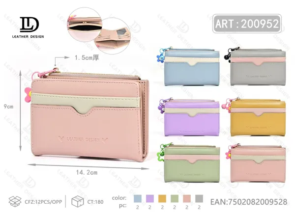 Billetera plegable para dama con tarjetero, dije de flor y bicolor