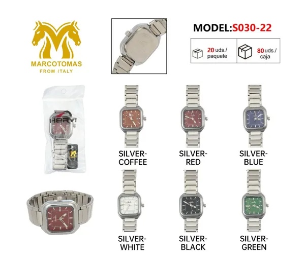Reloj análogo para caballero con correa metálica de acero inoxidable, carátula cuadrada, color plateado