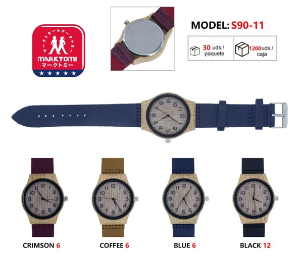 Reloj análogo con carátula efecto madera para caballero, correa de piel