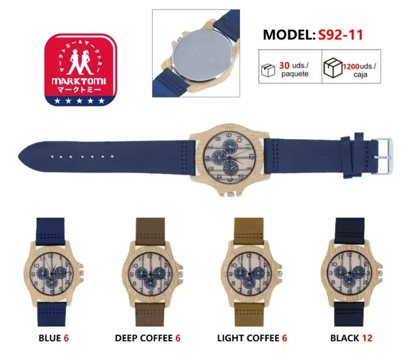Reloj análogo con carátula efecto madera y multiesfera para caballero, correa de piel