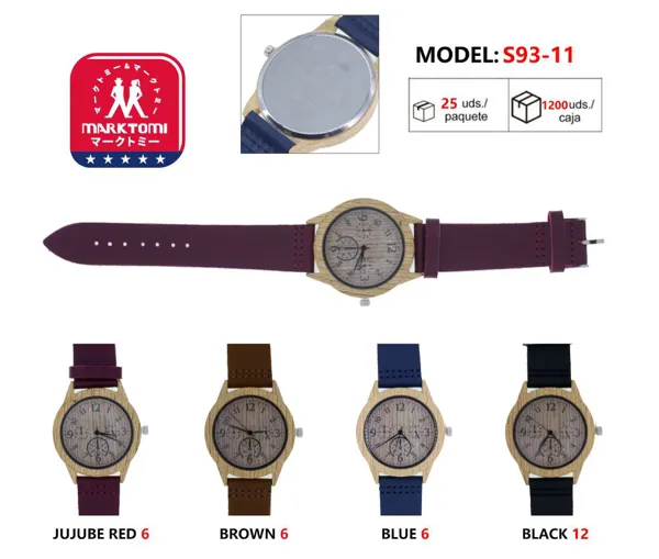 Reloj análogo minimalista con carátula efecto madera para caballero, correa de piel