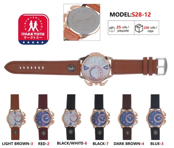 Reloj análogo de doble horario para caballero, correa de piel café