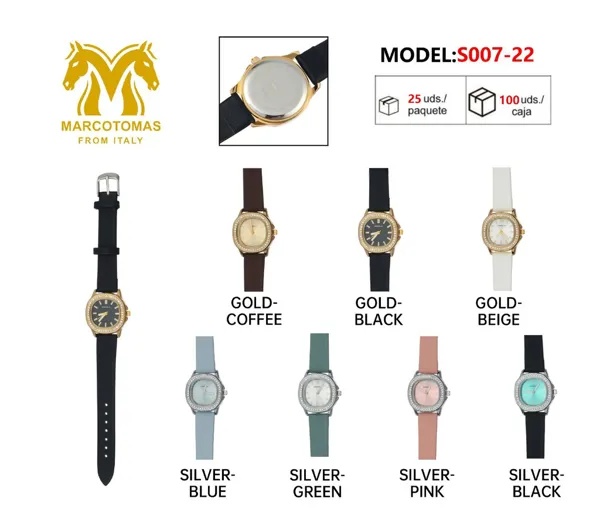 Reloj análogo de moda para dama, correa de piel, caja redonda con cristales