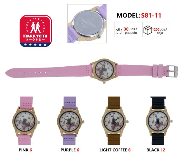 Reloj análogo para dama, correa de piel, caja estilo madera, carátula estampado de perro