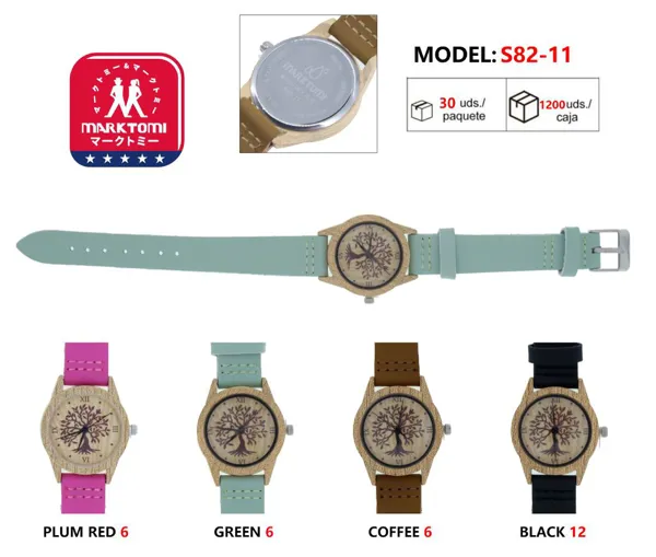 Reloj análogo para dama, correa de piel, caja estilo madera, carátula estampado de árbol de la vida